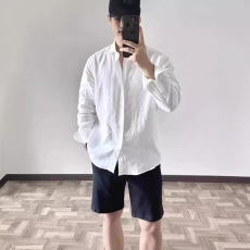 批发欧美高端棉麻皱布衬衫男宽松透气<b class='q'>长袖</b>防晒衣休闲百搭亚麻纯色衬衣