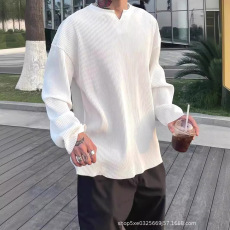 批发法式冰丝螺纹坑条t恤男褶皱肌理感V领宽松<b class='q'>长袖</b>欧美缺口领亨利衫潮