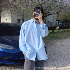 批发高级感蓝色衬衫文艺范男生宽松<b class='q'>长袖</b>美式通勤工装衬衣休闲百搭寸衫
