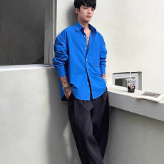 批发克莱因蓝棉麻衬衫男口袋款<b class='q'>长袖</b>防晒开衫美式复古亚麻皱布工装衬衣