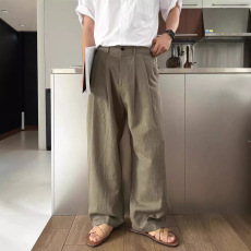 批发防晒军绿亚麻休闲长<b class='q'>裤</b>子男士高级感宽松阔腿工装<b class='q'>裤</b>双褶<b class='q'>棉麻</b>西<b class='q'>裤</b>潮