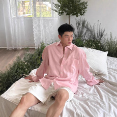 批发美式纯棉粉色衬衫男多巴胺宽松<b class='q'>长袖</b>单口袋开衫糖果色休闲工装衬衣