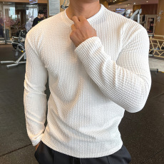 批发华夫格提花t恤男褶皱肌理感修身<b class='q'>长袖</b>软糯透气运动上衣针织打底衫