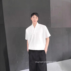 批发法式v型叠领套头皱布衬衫男高端宽松短袖文艺气质<b class='q'>西装</b>领亚麻衬衣