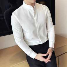批发高级感白衬衫男立领暗扣修身<b class='q'>长袖</b>西服打底衬衣商务通勤中山领寸衫