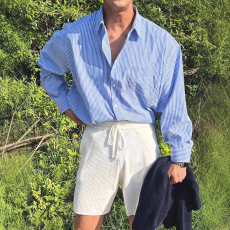批发美式vintage条纹衬衫男单口袋宽松<b class='q'>长袖</b>西服内搭衬衣休闲工装寸衫