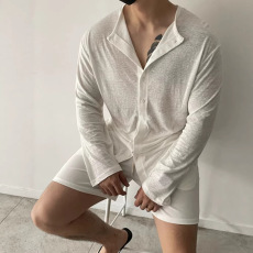 批发冰丝亚麻混纺针织开衫男轻薄微透紧身<b class='q'>长袖</b>防晒衣圆领弹力天丝衬衫