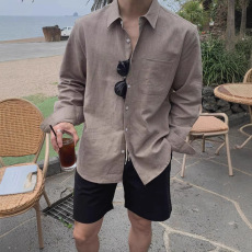批发美式棉麻衬衫男薄款透气宽松<b class='q'>长袖</b>翻领防晒开衫亚麻透气工装衬衣潮