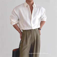 批发欧货棉麻白衬衫男高级感宽松<b class='q'>长袖</b>防晒衣亚麻透气衬衣口袋工装寸衫