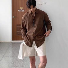 批发慵懒风棕衬衫男透气亚麻宽松<b class='q'>长袖</b>防晒开衫美式松弛感棉麻工装衬衣