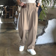 批发法式巴黎扣工装西裤男免烫宽松直筒高腰长裤老钱风<b class='q'>休闲</b><b class='q'>西服</b>西装裤