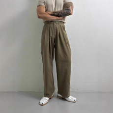 批发欧货<b class='q'>棉麻</b>工装西<b class='q'>裤</b>男双褶设计感宽松直筒长<b class='q'>裤</b>后松紧暗扣亚麻西装<b class='q'>裤</b>