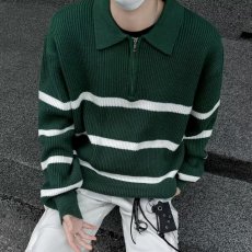 批发跨境半拉链POLO领<b class='q'>长袖</b>毛衣男款港风宽松翻领条纹鹿毛绒套头<b class='q'>针织衫</b>