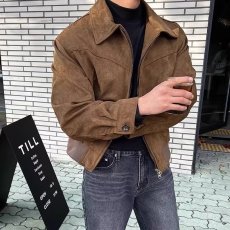 批发外贸翻领麂皮绒夹克<b class='q'>男</b>士秋冬痞帅高级感上衣青少年复古拉链外套潮