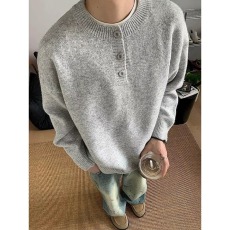 批发浅灰色亨利领毛衣男秋冬季慵懒风百搭宽松圆领<b class='q'>长袖</b>男士<b class='q'>针织衫</b>线衣