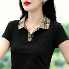 批发精梳棉 95%棉5%氨纶 夏季新款拼接翻领POLO衫<b class='q'>女</b>减龄妈妈装上衣<b class='q'>女</b>