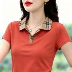 批发精梳棉 95%棉5%氨纶 夏季新款拼接翻领POLO衫<b class='q'>女</b>减龄妈妈装上衣<b class='q'>女</b>