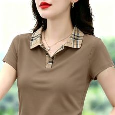 批发精梳棉 95%棉5%氨纶 夏季新款拼接翻领POLO衫<b class='q'>女</b>减龄妈妈装上衣<b class='q'>女</b>
