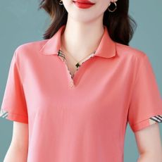 批发精梳棉 95%棉5%氨纶夏季新款纯色翻领POLO衫女<b class='q'>中老年</b>妈妈上衣女