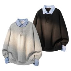 批发【实拍】日系假两件POLO衫男潮牌学院风翻领卫衣高街复古上衣
