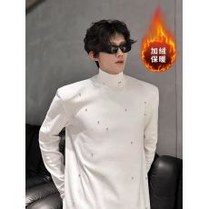 批发【官图 加绒加厚】秋<b class='q'>冬</b>钉珠设计感潮牌高领t恤男长袖打底衫上衣