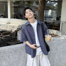 批发【官图】藏青泡泡棉格子短袖衬衫男新款夏季宽松休闲外穿衬衣