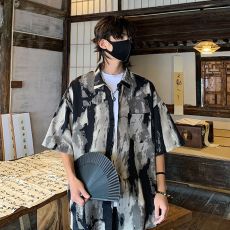 批发【官图】泼墨设计感短袖<b class='q'>衬衫</b>男夏季新款宽松痞帅高级<b class='q'>衬衣</b>外套