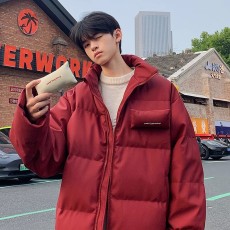 批发红色贴贴pu皮羽绒棉服男冬季美式vibe立领外套加厚棉服情侣面包服
