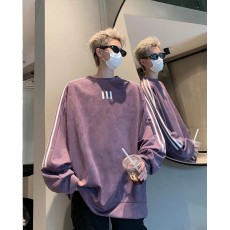 批发乌梅紫三条杠卫衣男春秋美式复古宽松重磅麂皮绒休闲运动无帽外套