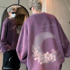 批发麂皮绒卫衣男秋季美式重磅圆领hiphop衣服春秋款无帽月亮花卉外套