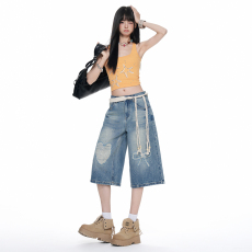 批发2026夏季新款美式复古休闲<b class='q'>百搭</b>蝴蝶结爱心刺绣宽松阔腿牛仔七分裤