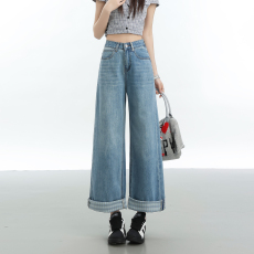 批发双色格纹面料<b class='q'>九分</b><b class='q'>牛仔裤</b>女夏季2026新款高腰直筒宽松显瘦垂感裤子