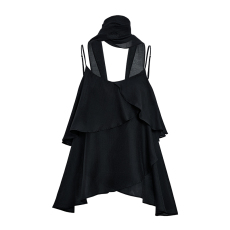 批发2026黑色不规则荷叶边吊带女夏法式<b class='q'>宽松</b>小衫氛围感上衣