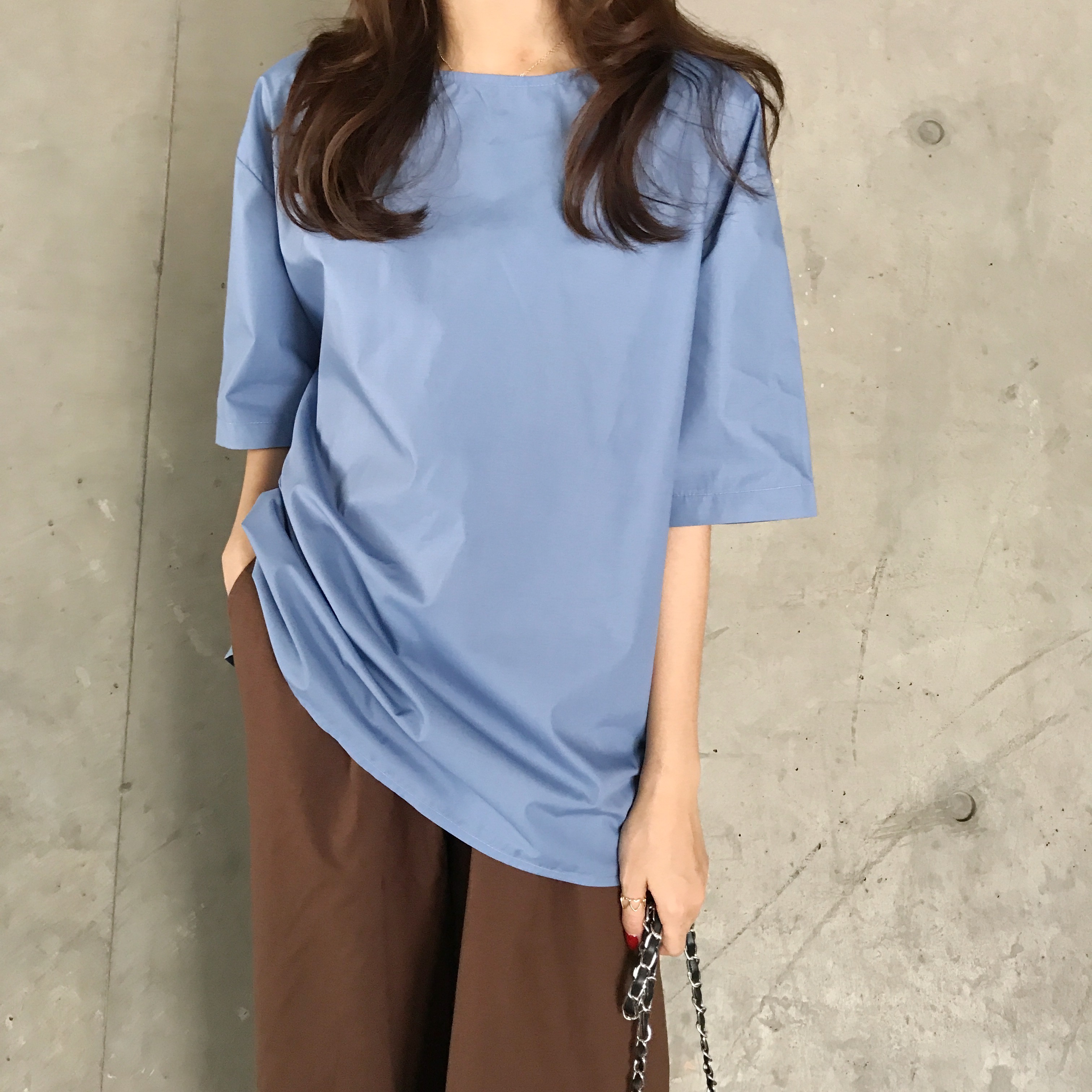 实拍现货 极简 冷淡风 雾霾蓝衬衫 深咖色 棉麻 阔腿裤