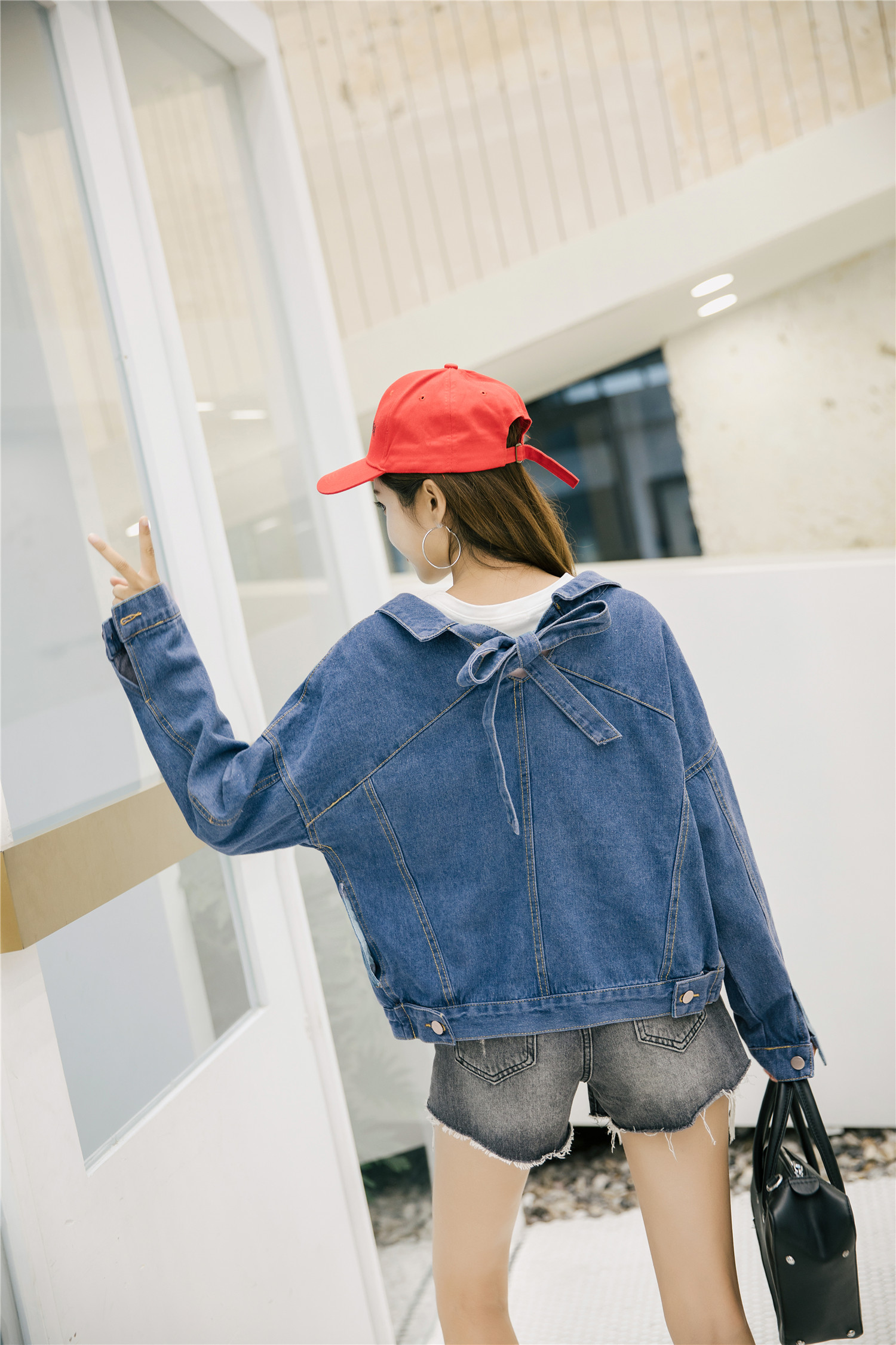 实拍2018新款后背绑带蝴蝶结牛仔外套女