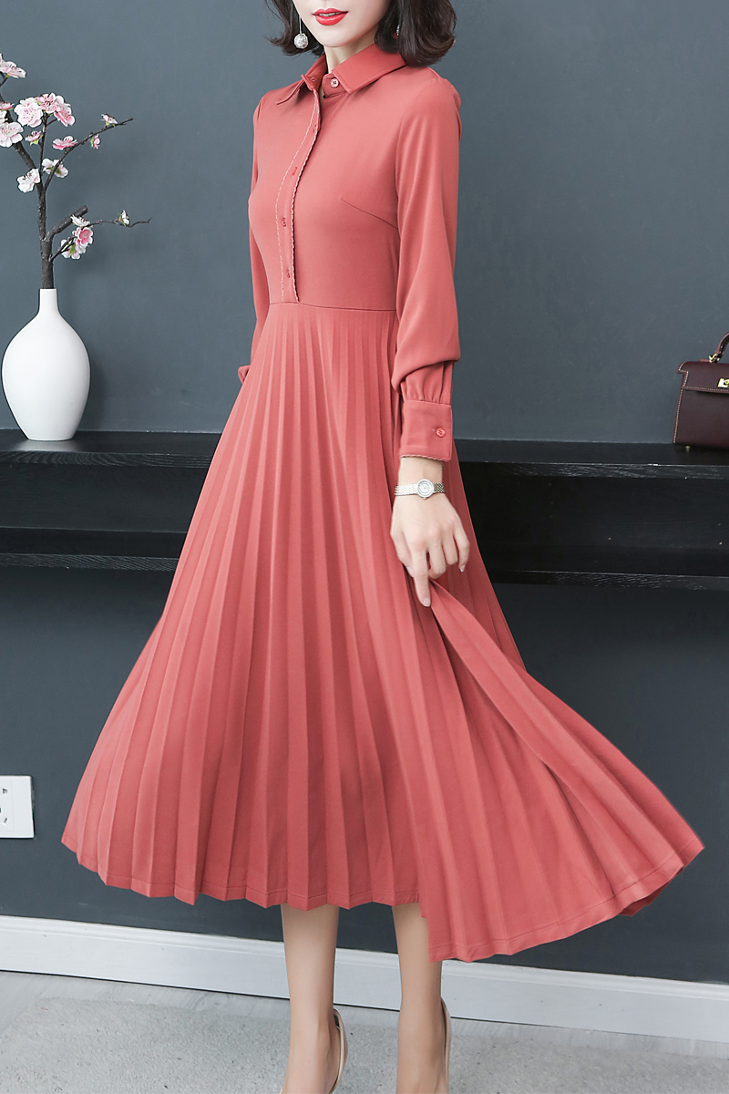 实拍现货 连衣裙女装秋装2018新款中长款长袖百褶裙修身长裙子