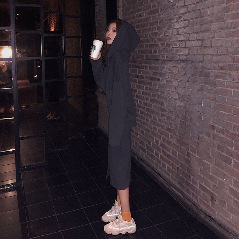 韩版宽松抽绳连帽v领长袖 松紧开叉半身裙两件套装 - 搜款网 - 真实