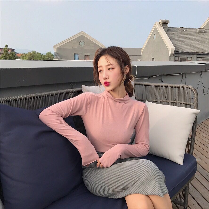 现货莫代尔t恤女长袖半高领打底衫秋冬2019新款修身纯色内搭上衣