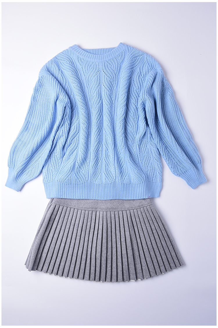 iu李知恩明星同款蓝色宽松毛衣女套头针织衫毛呢半身裙两件套套装