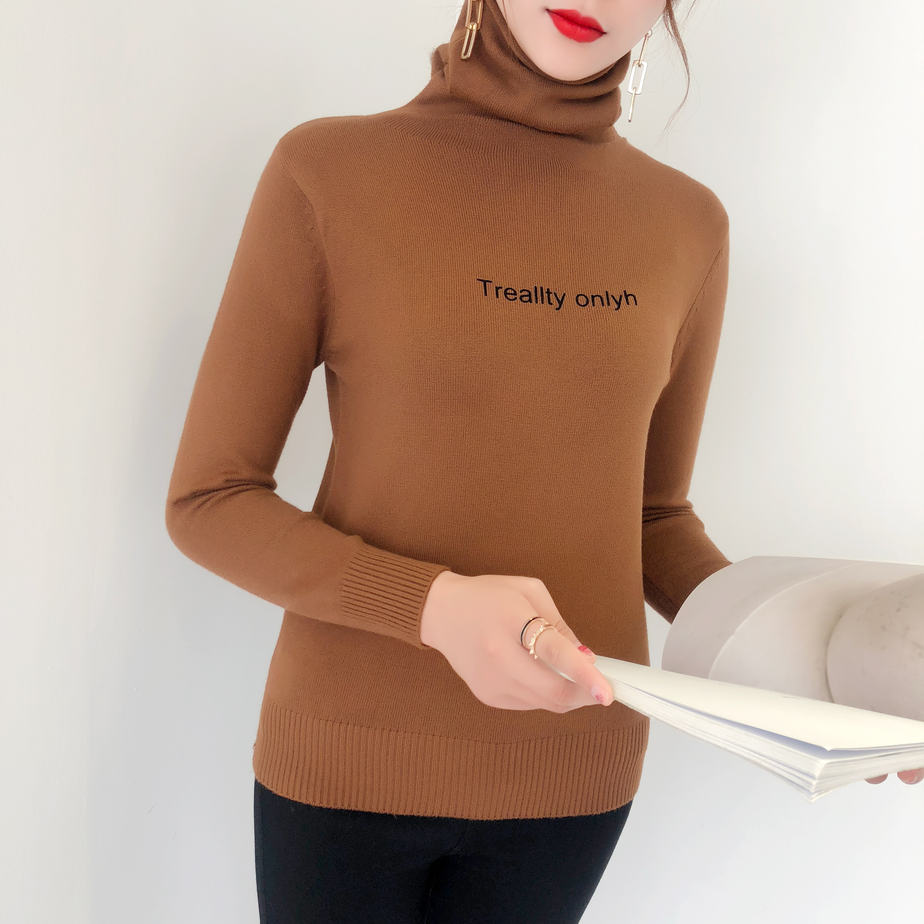 堆堆领针织衫女韩版新款高领毛衣秋打底衫宽松长袖女装