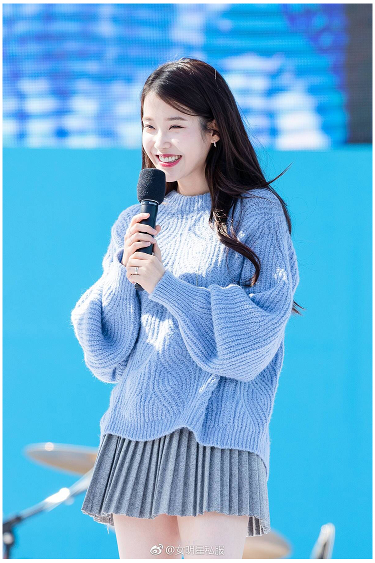 iu李智恩明星同款蓝色毛衣配百褶灰色毛呢短裙可爱小清新女神装_慕诗