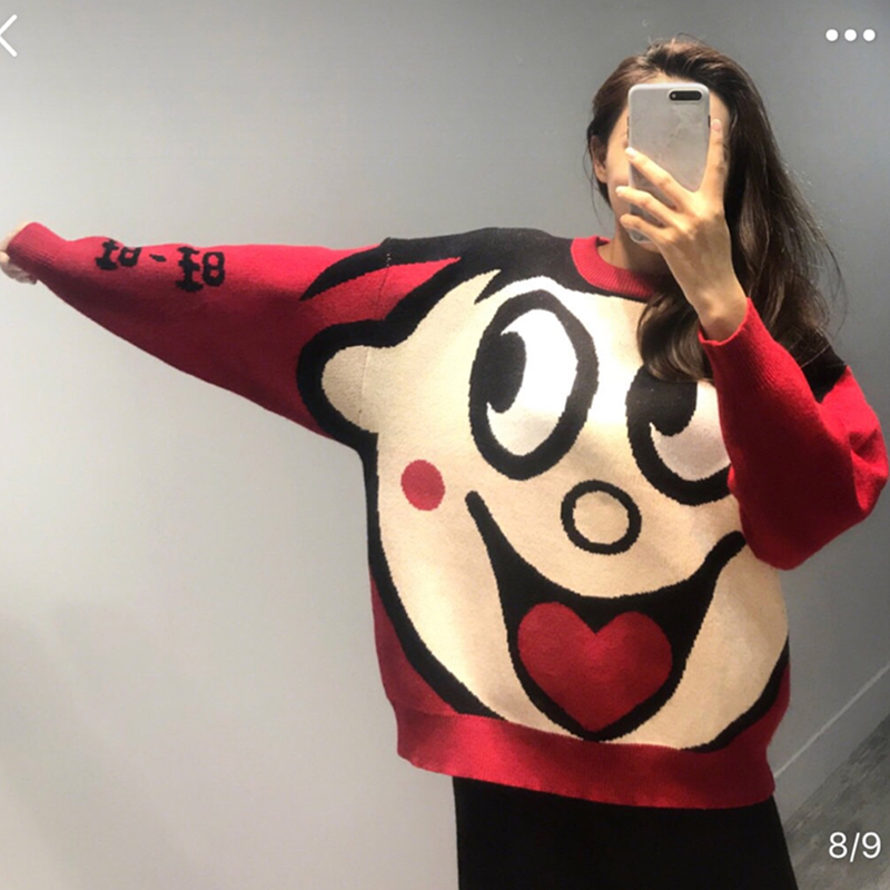 旺旺联名潮牌亲子套头毛衣女2018秋冬红色卡通旺仔圆领针织衫情侣