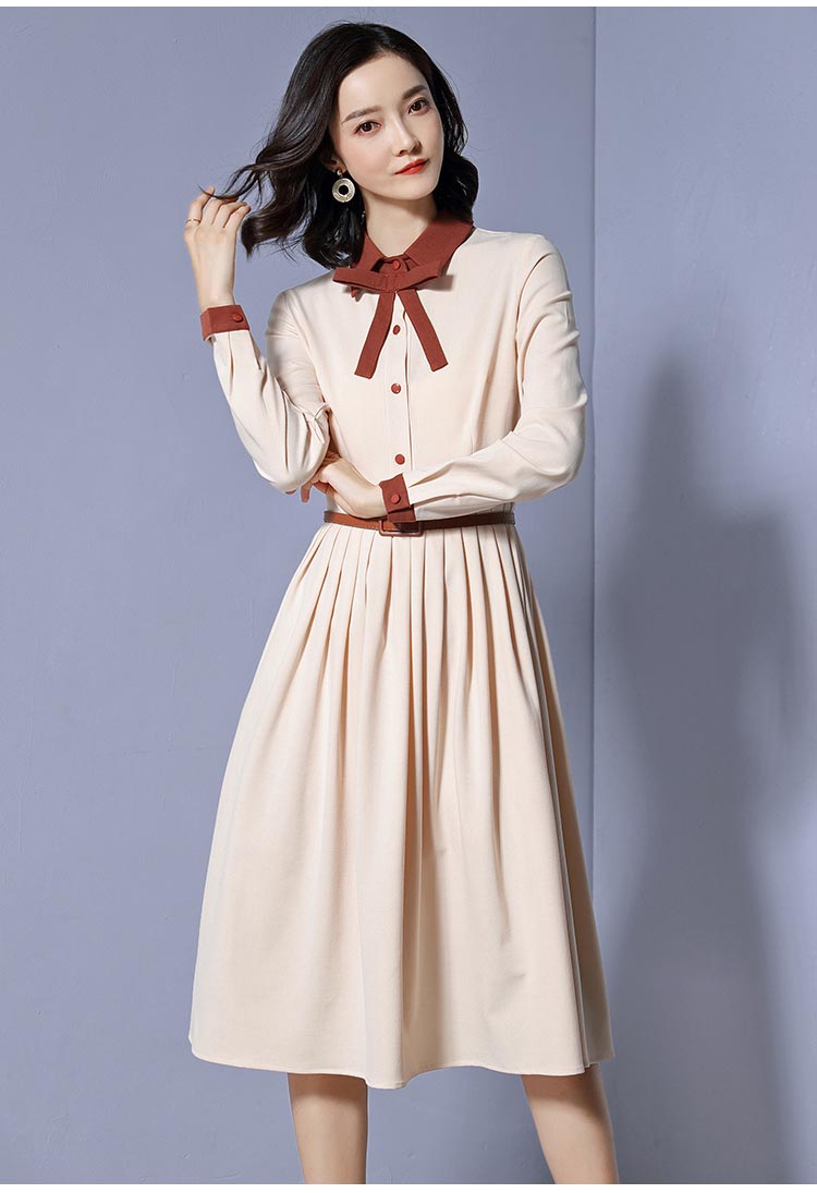 2019春新款连衣裙时尚拼色修身中长款过膝大摆长裙