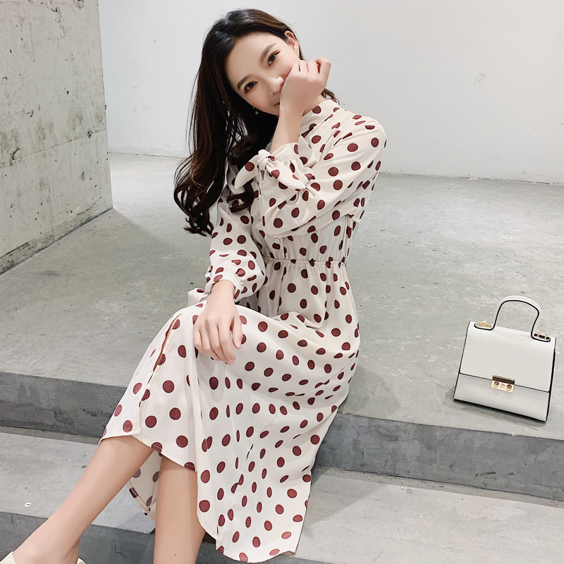 实拍现货 2019早春女装波点裙子蝴蝶结系带高腰显瘦中长款连衣裙