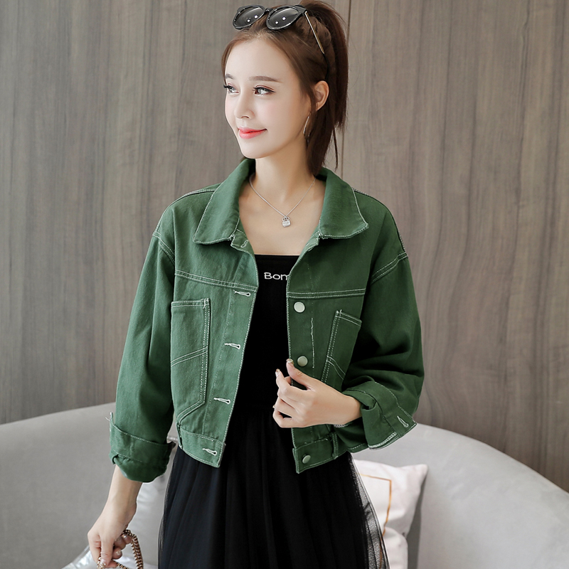实拍2019春装新款单排扣蝙蝠袖短款牛仔外套女学生bf宽松夹克上衣