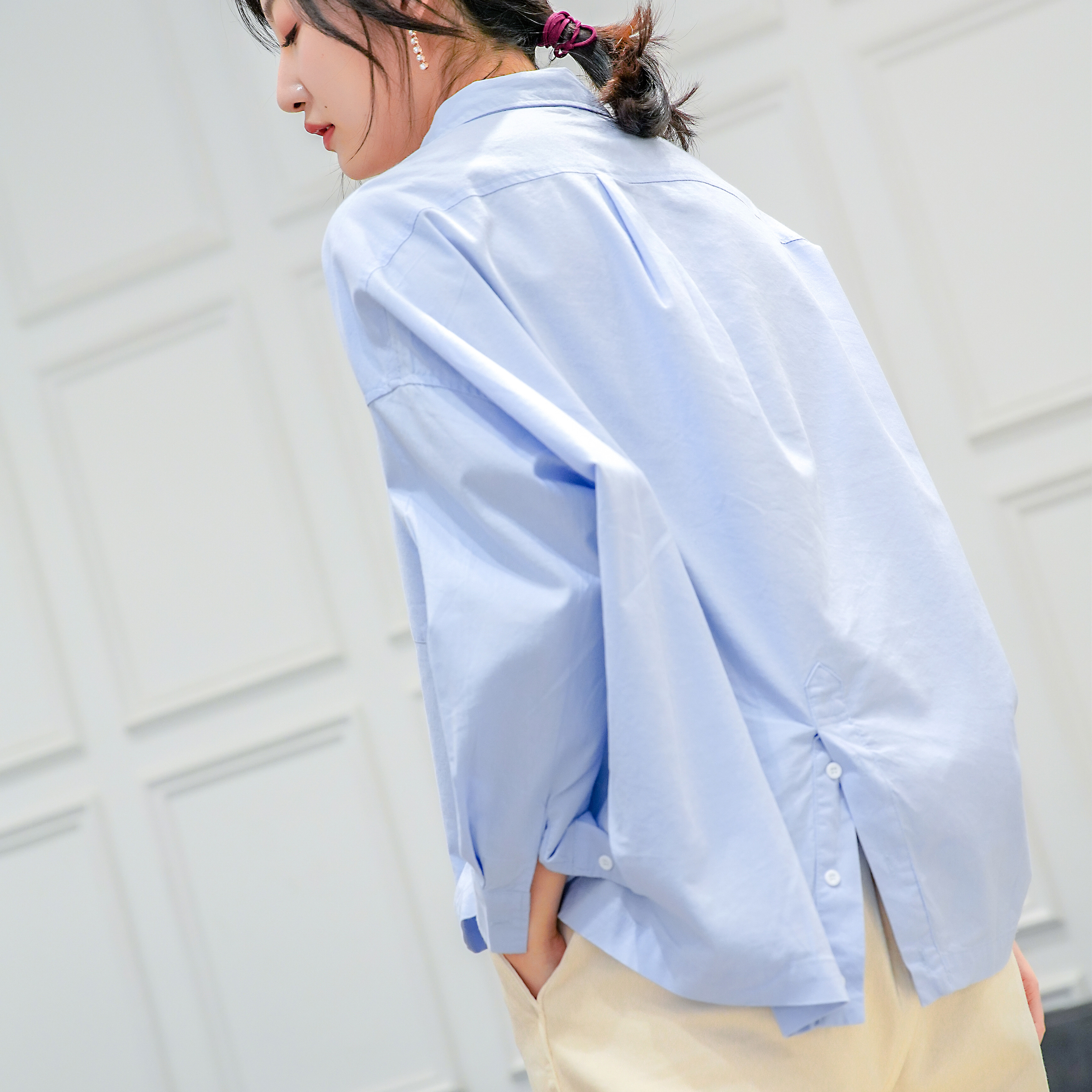 实拍2019春装新款韩版气质糖果色衬衫ins超火拼接背面设计衬衣