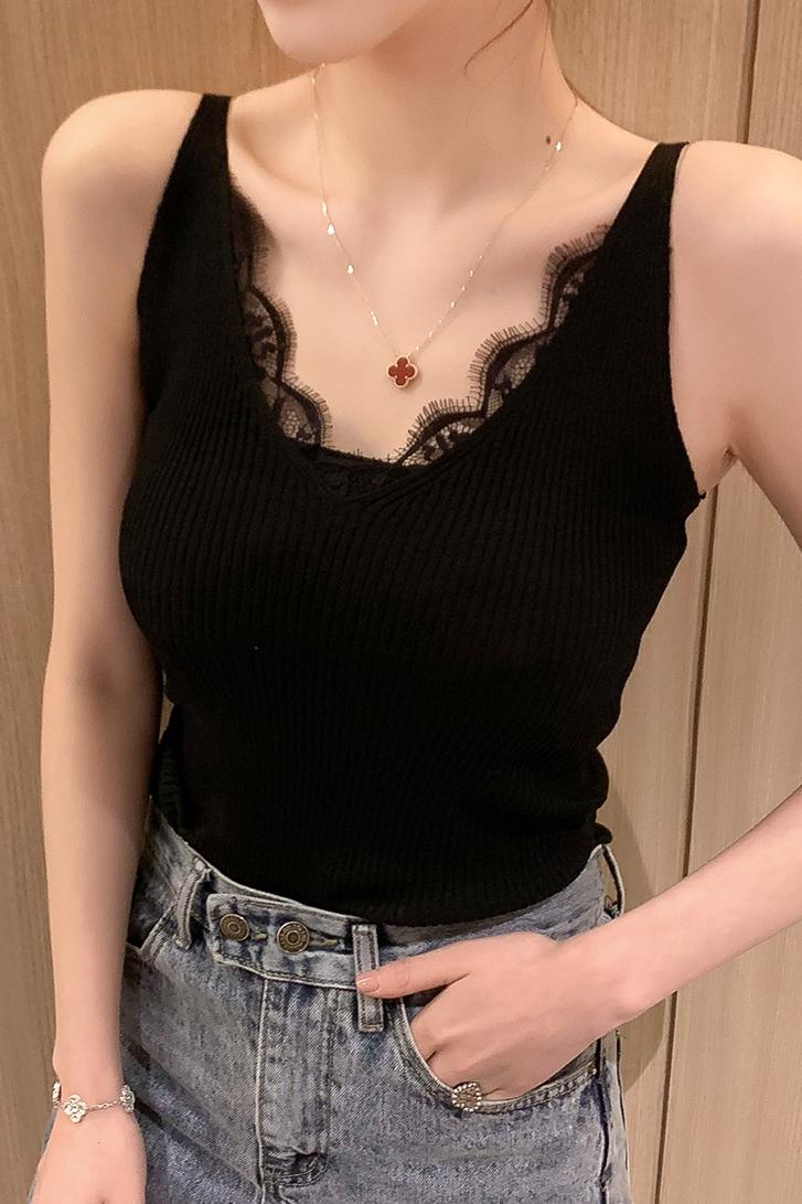 2019新款韩版v领蕾丝边内搭紧身黑色小吊带女chic打底衫背心上衣