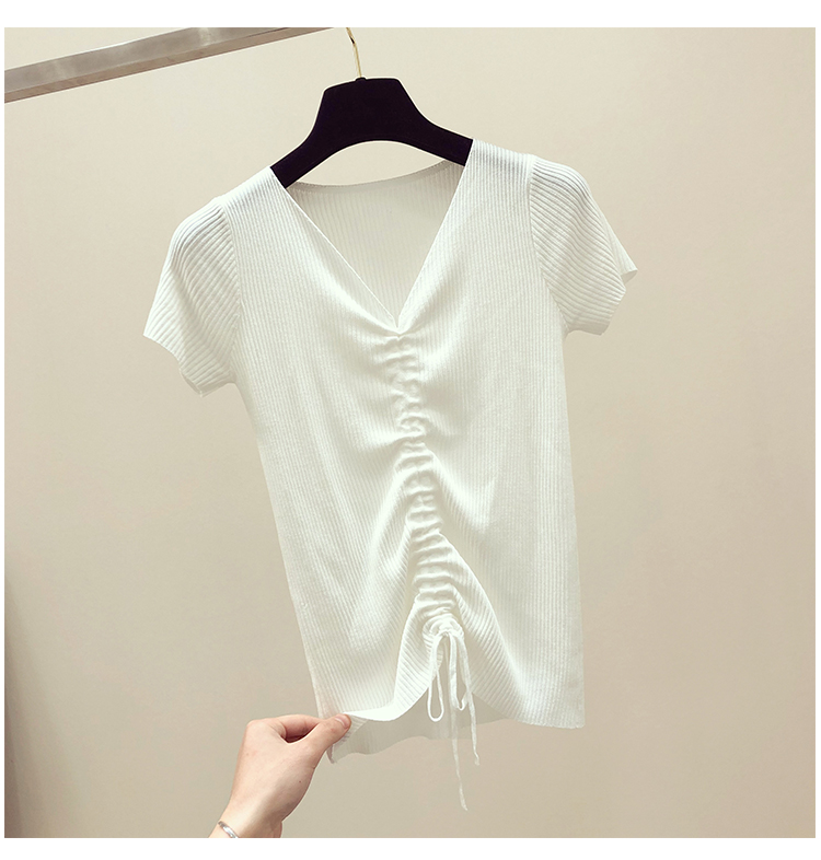 2019夏装新款韩版修身v领抽绳短袖女t恤上衣针织半袖打底衫ins潮