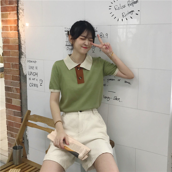 MY1113#夏季韩版学生宽松polo领短袖T恤女网红休闲百搭上衣