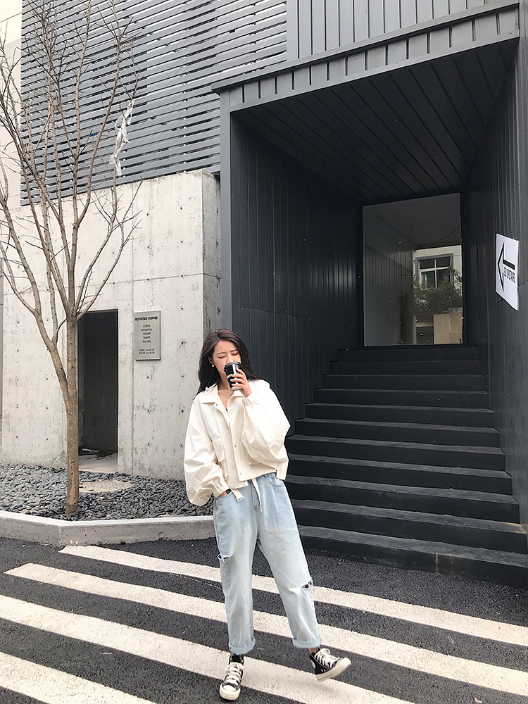 晨妍浅色高腰破洞老爹裤女春季2019新款宽松百搭九分裤直筒牛仔裤